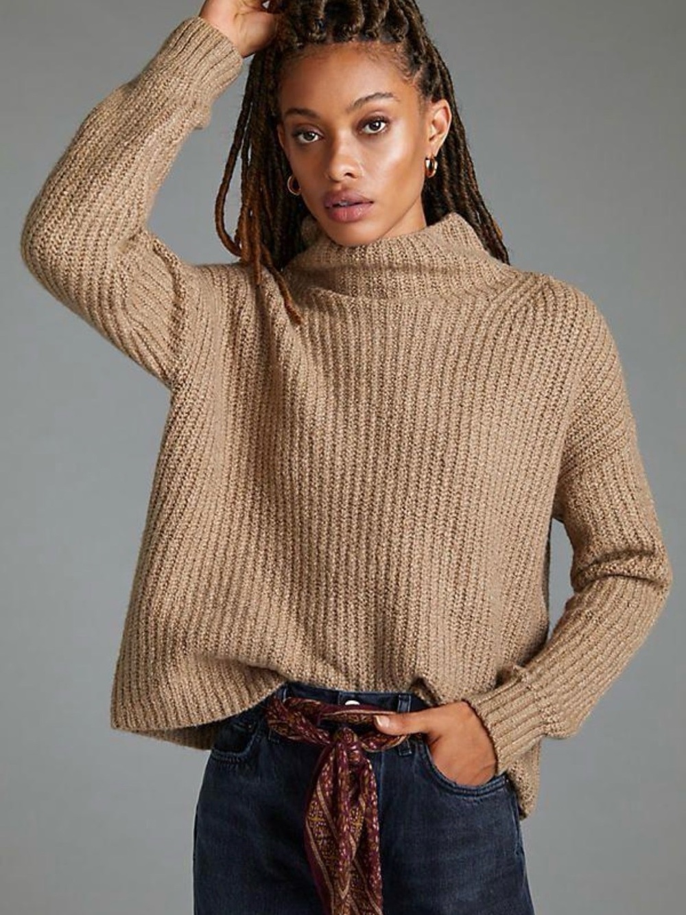 Anthropologie Funnel Neck Sweater Taupe/Tan Large Chunky Knit